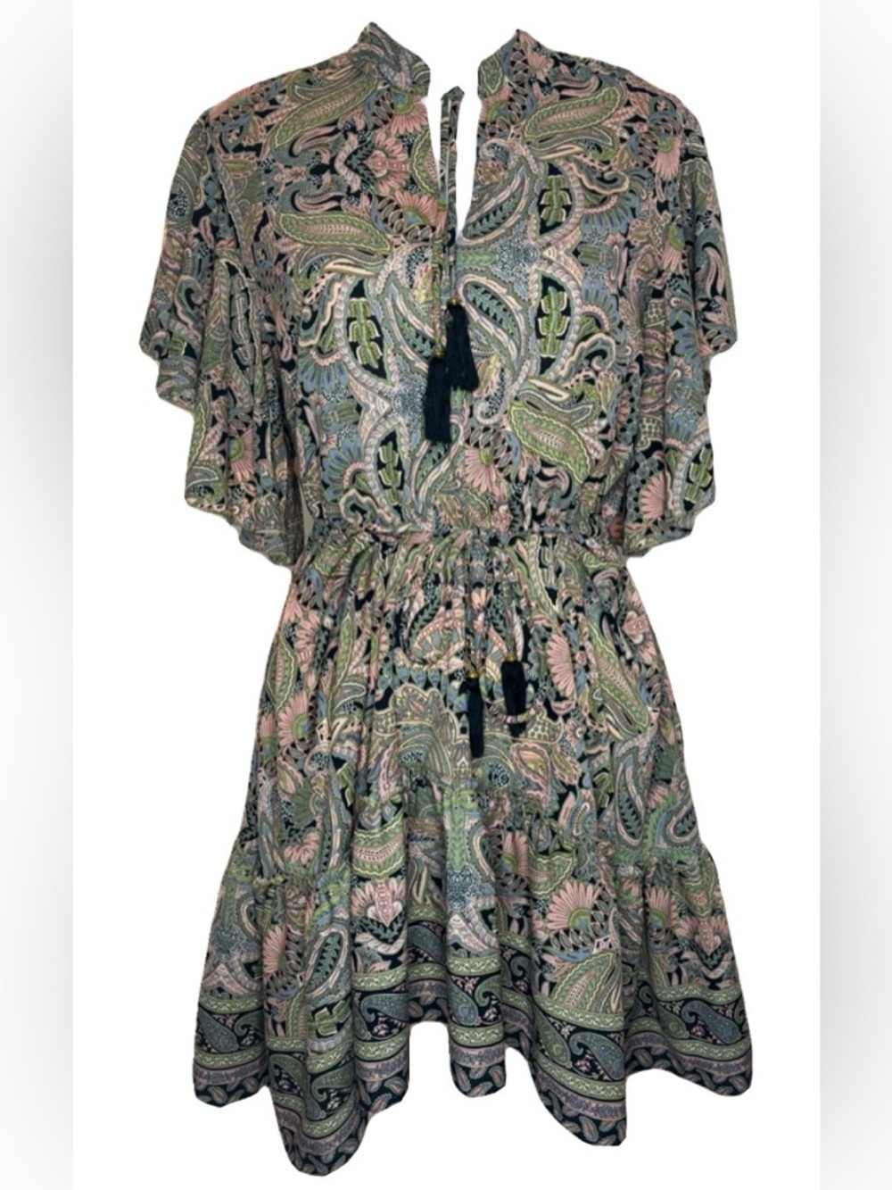 Boho Paisley Mini Dress Tassel Tie Anthropologie Style Flutter Sleeve M
